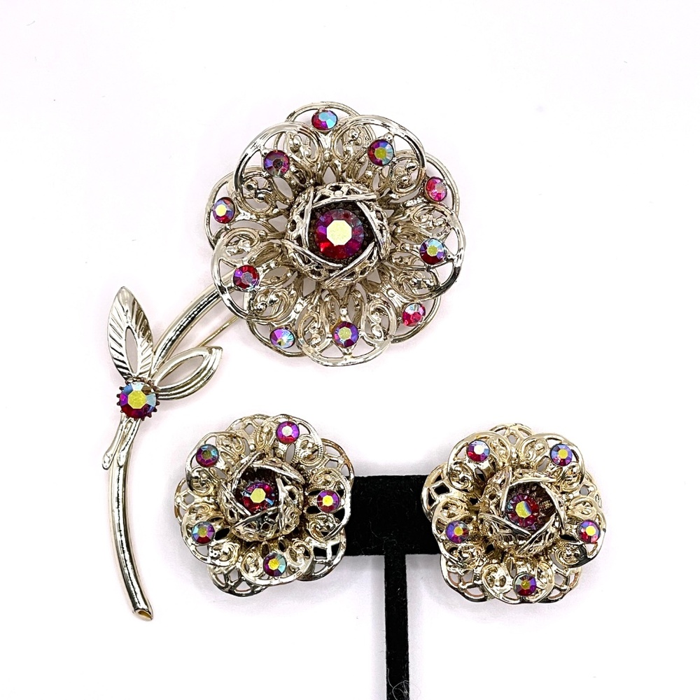 Sarah Coventry Fashion Flower 61 Silver Tone Red AB Brooch Clip Earrings Set